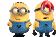 two minions wearing goggles and overalls are standing next to each other