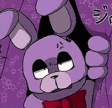 bonnie the bunny from five nights at freddy 's is wearing a red bow tie and a purple background .