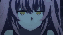 a girl with purple hair and yellow eyes looks at the camera