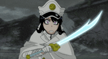 a cartoon character holding a sword with a white cape