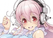 the girl is wearing headphones and a blue dress .