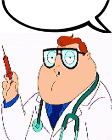 a cartoon of a doctor holding a syringe with a speech bubble above his head