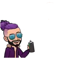 a cartoon of a man with purple hair and a beard holding a spray can