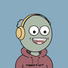 a cartoon character wearing headphones and a red hoodie that says support art