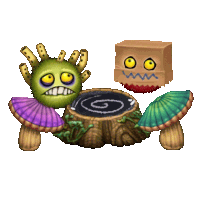 a cartoon monster with a paper bag on its head sits next to a mushroom stump