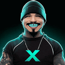 a man with blue teeth is wearing a black shirt with the letter x on the front