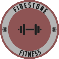 a logo for firestone fitness with a dumbbell in the middle