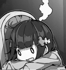 a black and white drawing of a girl with a smoke coming out of her head