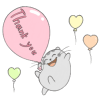 a drawing of a cat holding a pink thank you balloon