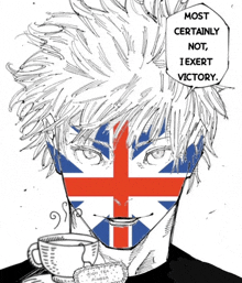 a drawing of a man with a british flag painted on his face and a cup of tea