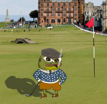 a cartoon of a frog holding a golf club and smoking a cigar on a golf course