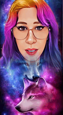 a painting of a woman with rainbow hair and glasses with a wolf in the background