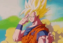 a cartoon character from dragon ball z is making a peace sign with his hand .