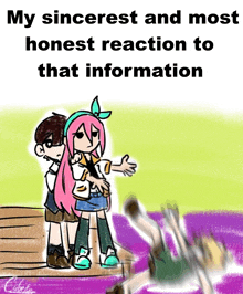 a cartoon of a boy and a girl with the words " my sincerest and most honest reaction to that information " on the bottom