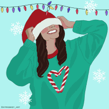 a drawing of a woman wearing a santa hat and a candy cane heart