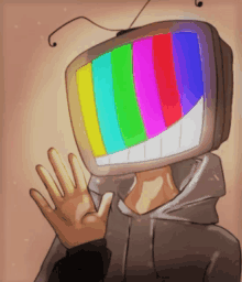 a drawing of a person with a television head waving