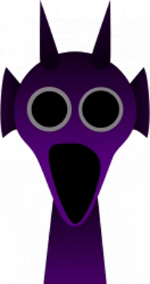 a cartoon drawing of a purple monster with horns and a black mouth .