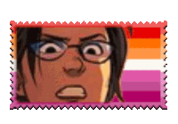 a stamp with a picture of a person with glasses and a lesbian flag .