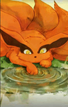 a drawing of a fox drinking from a pond