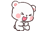 a white teddy bear with pink cheeks is sitting down with its eyes closed .