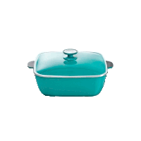 a turquoise pot with a black handle and lid