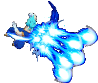 a drawing of a person with blue hair and a blue explosion