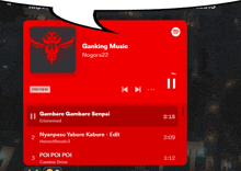 a red screen with a speech bubble that says ganking music nogora22