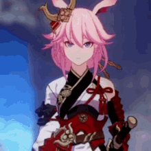 a girl with pink hair and bunny ears is holding a sword in her hand in a video game .