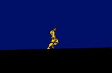 a cartoon of a man in a yellow jumpsuit walking in the dark