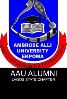 a blue and red logo for ambrose alli university ekpomo