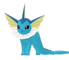 a blue pokemon with yellow wings is sitting on a white surface .