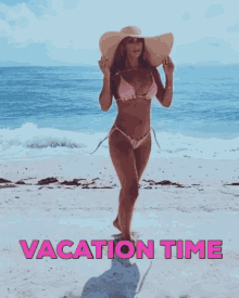 a woman in a bikini and hat is walking on the beach with the words " vacation time " written below her