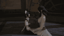 a woman in a white dress is kneeling down next to a little girl in a maid outfit