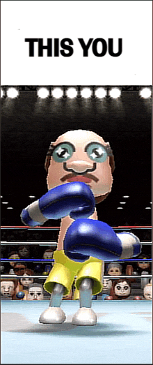 a cartoon character wearing blue boxing gloves is standing in a boxing ring with the words this you behind him