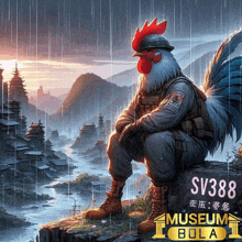 a rooster in a military uniform sits on a rock in the rain with a museum bola logo behind him