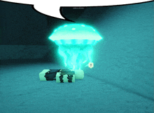 a glowing jellyfish in a video game with a speech bubble above it that says " jump in patrol "