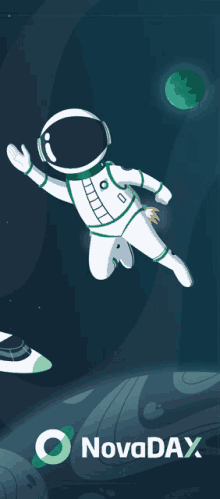 a novadax advertisement with an astronaut flying through space