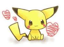 a drawing of a pikachu sitting next to a heart and a tail .