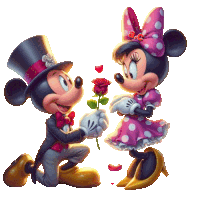 mickey mouse is kneeling down to give a rose to minnie