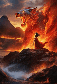 a painting of a woman standing in front of a fire monster with the letters dn on the bottom