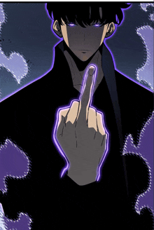 a man giving the middle finger with a purple light behind him