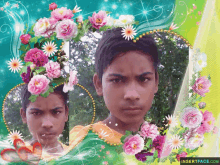 a picture of a boy surrounded by flowers with insertface.com in the bottom right