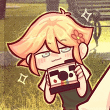 a cartoon of a girl holding a polaroid camera .