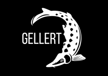 a black and white image of a fish with the word gellert underneath it