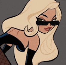 a cartoon drawing of a blonde woman wearing sunglasses and black gloves