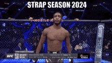 a man in a cage with the words strap season 2024