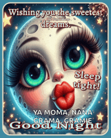 a cartoon drawing of a woman kissing the moon with the words wishing you the sweetest dreams sleep tight