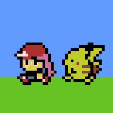 a pixel art of a man and a pikachu standing next to each other