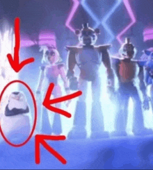 a group of five nights at freddy 's robots are standing on a stage .