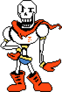 a pixel art of papyrus from undertale wearing red boots and a scarf